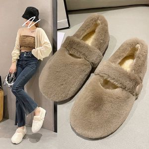 Slippare Flat Mary Jane Plush Shoes for Women's Winter Outdoor Wear Plus Velvet One Word Lightweight Cotton Zapatos Mujer 230106