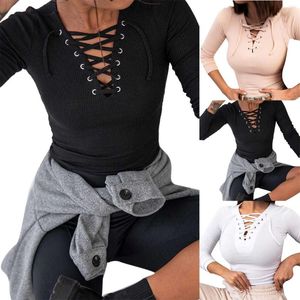 Women's Blouses Sexy V Neck Criss Cross Lace Up Long Sleeve Slim T-shirt Tops Summer Women Streetwear Tee Oversized Cotton Elegant Blouse