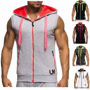 Herrtröjor 2023 manlig bodybuilding fitnesskläder bomulls hoodie män tröjor ärmlösa tank tops casual väst blixtlås y1