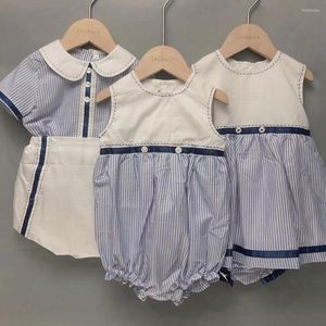 Roupas conjuntos infantis boutique boutique meninos meninas meninas curtas listras azuis algodão marinha de algodão