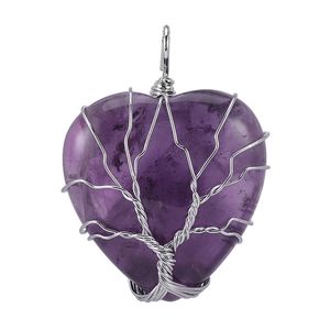 Натуральный камень формы сердца дерево жизни серебряный цвет, оберщенная проволочная подвеска аметиста агата для изготовления ожерелья