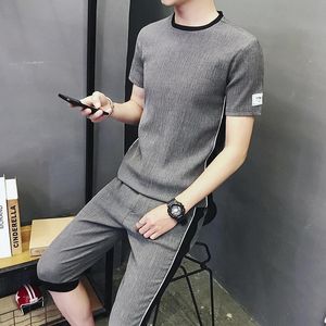 メンズトラックスーツL 2023スタイルショートスリーブTシャツ夏の亜麻flaxセットウェア韓国風のトレンド