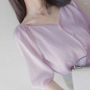 Women's Blouses Chiffon Solid Button Women Shirts Summer 2023 V-Neck Half Sleeved Elegant Office Lady Pulls Outwear Tops