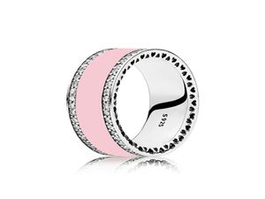 925 Sterling Silver Radiant Hearts Air Pink White Emamel Ring Synthetic Spinel Fit Pandora Silver Jewelry Women Wedding Ring Origi8223423