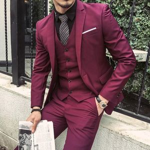 Мужские костюмы Blazers 2023, адаптированный бордовый пурпурный костюм Мужчина жених Слим Fit 3 Piece Tuxedo Prom Wedding Blazer Terno Masuclino куртка Pant V