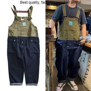 Mäns jeans högkvalitativt lapptäcke denim overaller herrs arbetslastbyxor gammal skola lätt chic arbetare multi-pocket bib