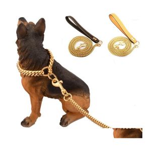 犬の襟のリーシュステンレススチールペットゴールドチェーンレザーハンドルポータブルリーシュロープストラップ子犬猫トレーニングスリップカラーサプリDH18x