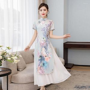 Ethnic Clothing Summer Elegant Slim Womens Landscape Painting Cheongsam White Dress Qipao Chiffon Robe Vintage Chinese Style Dresses