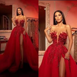 Arabisch ASO EBI rot Prom Kleider Spitze Stilvoller luxuriöser Perlenkristalle Sexy Abend formal