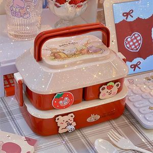Servis uppsättningar Kawaii Lunch Box Dubbel Student Bento Microwave Boxes Lagring med oberoende bestick för camping