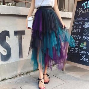 Skirts Lady Dark Goth Irregular Street Black Elastic High Waist Ankle Length Hipster Women Colorful Mesh Cool Gothic Skirt 2023