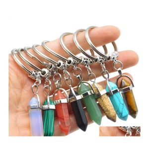 Nyckelringar Fashion Hexagon Prism Natural Stone Pendant Keychain Quartz Stones Pink Crystal Keychains Accessories Drop Leverans smycken DH4VB