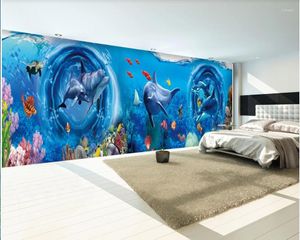 壁紙カスタムポーの壁画3D壁紙下水世界ドルフィン動物コーラルホーム装飾壁のためのリビングルーム3 dロール