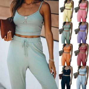 Kvinnors spårningsdräkter 2 stycken Set Women Summer 2023 Ladies Condole Belt Pants Leisure Fashion Pure Color Yoga Wind Sours Sports MDF8001