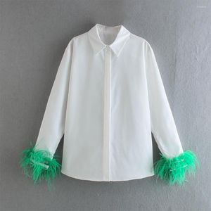Women's Blouses 2023 Women Fashion Green Feather Poplin Vintage Long Sleeve Button-up Female Shirts Blusas Chic Tops