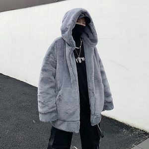 Kurtki męskie Faux Rabbit Fur Kurtka dla męskich trendów mody ubrania polaru nastolatka harajuku w stylu Hip Hop Hop z kapturem płaszcze oversized streetwear 230106