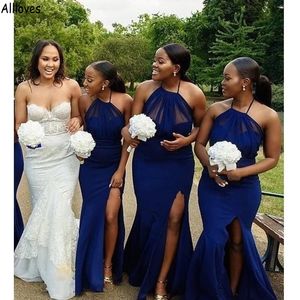 Królewskie niebieskie eleganckie satynowe sukienki z syreną syrenę kantar seksowna bez pleców Plus size Maid of Honor Stoi Side Split African Girl