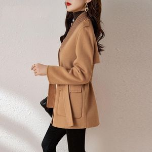 Miscele di lana da donna Moda Primavera e autunno Cappotto di lana a doppia faccia Giacca femminile Coreano Casual Tasca di colore puro Temperamento Ki201