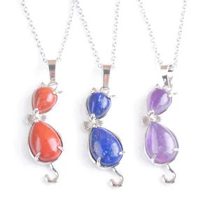 Natural Gemstones Cat Animal Pendants Teardrop Healing Amethyst Crystal for Women Girls Necklaces Chain 45cm BN510