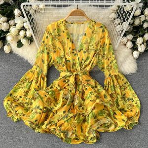 Casual Dresses Women 2023 Summer Korean V-neck Floral Print Chiffon Dress Long Lantern Sleeve Bohemian Clothes Vestidos E131