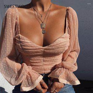 Women's Tanks Sexy Polka Dots Crop Tops Women Low Cut Backless See Through Short Chiffon Mesh T Shirt Female Club Party Elegant Tees