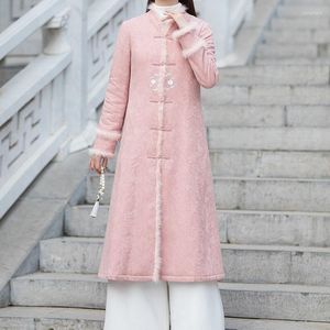 Abbigliamento etnico Abiti tradizionali cinesi per l'anno per donna Abito invernale cheongsam spesso Cappotto Qipao femminile in lana vintage in lino di cotone 12038