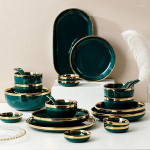 Tallrikar Creative Dark Green Cutery Bowls Set Gold-Plated Ceramic Cooking Rishes Ris Porslin Platta Köksredskap