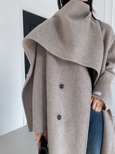 Women's Wool Blends Doublesided en Coat Shawl Scarf Collar Doublebreasted Overcoats Long Jacket with Belt Autumn 230106