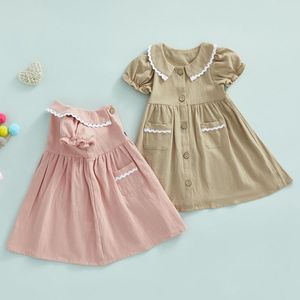 Abiti da ragazza 0-4T Toddler Baby Cute Doll Collar Dress Summer Manica corta Chiusura con bottoni A-Line Princess con tasche