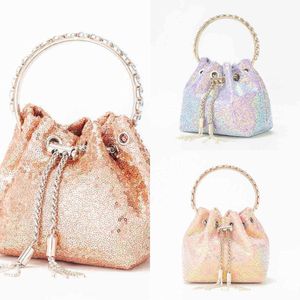 bags Color Shiny Sequin Bucket Handbags Women Luxury Trendy Tassel Crystal Metal Ring Handle Blue Clutch Purse Wedding Party 220609