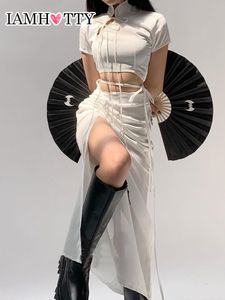 Dwuczęściowe spodnie w stylu chińskim kombinezon seksowne zestawy sukienki letni bandaż uprawa top rucha sznurka podzielona spódnica wysoka talia iam ty 230106