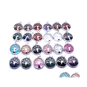 Charms Kadın Erkek Yaşam Ağacı Takım Yuvarlak Kuvars Kristal Şifa Taşları Kolye Ametists Tiger Göz Lapis Lazi Opal Diy Takı Maki Dhksd