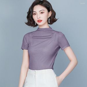 Women's T Shirts TingYiLi Women Mock Neck Pleated T-shirt Summer Short Sleeve Mesh Top Korean Elegant Ladies Black Purple Khaki Tops 3XL