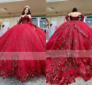 2023 Sparkly Squins Applique Quinceanera Dresses 2 조각 분리 가능한 보호 긴 슬리브 볼 가운 공식적인 드레스 파티 스위트 15 여자