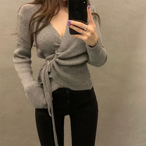 Blusas femininas de malha Croysier outono inverno roupas casuais de manga comprida blusas de malha sexy com decote em V e cordão franzido suéter cardigã 230106