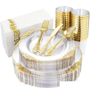 Christmas Decorations Disposable Cutlery Clear Gold Plastic Tray With Sierware Glasses Birthday Wedding Party Supplies 10 Person Set Dhlbd