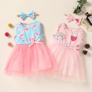 女の子のドレス幼児の女の女の子のイースタードレスノースリーブプリント素敵な服とヘッドバンドチュールステッチ