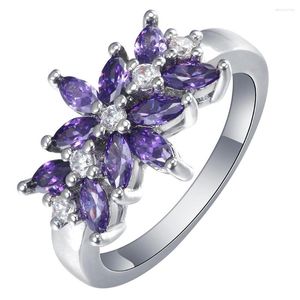 Anéis de casamento Silver Plated Ring Engagement US 7 8 9 Vintage Purple CZ Jewelry Gift Luxury Promise Flower Flower