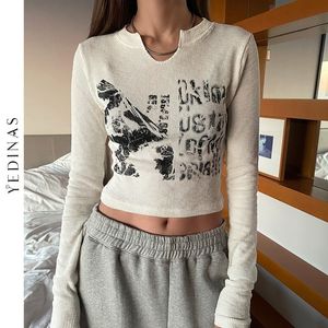 Camiseta feminina yedinas letra vintage estampa de manga longa colheita de manga longa Mulheres sexy slim camisetas de outono estilo coreano chique grunge estetic streetwear 230106