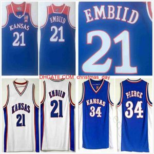 스티치 NCAA Kansas Jay College Basketball Jerseys Joel 21 Embiid Vintage Paul 34 Pierce Jersey Blue Shirts S-2XL