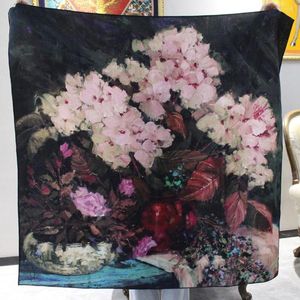 Scarves Oil Painting Series Potted Flowers Print Square Dual-useThickened Shawl Double-side Silk & Wool Scarf Muffler By Hand SR23