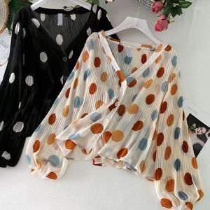 Camicie casual da uomo Hstar Vintage Manica a lanterna Camicia corta allentata Spiaggia Modis Top Donna Primavera Estate Scollo a V Pieghettato a pois Chiffon