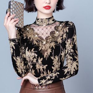 Women's Blouses & Shirts Autumn And Winter Velvet Padded Sexy Women Half High Neck Mesh Drill Hollow Out Top Long-sleeved Lace OL Ladies