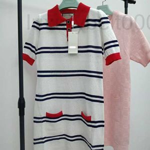 Casual Dresses designer Red and white contrast double G hollow stripe tencel cotton red POLO neck knitted dress KDI4