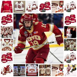 Хоккей по хоккею в колледже носит хоккей в колледже 2022 NCAA Frozen Four Championship Custom Pioneers Du Hockey Jersey 21 Joey Laleggia 31 Juho Olkinuora 16