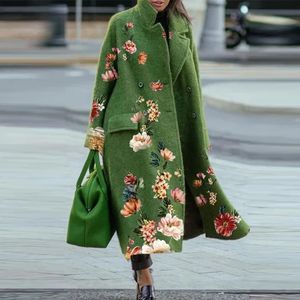 Women's Wool Blends Autumn Street Lady Long Cardigan Coats Fashion Floral Print Pocket Sleeve Jacket Winter Women Elegant Blend Coat 230107