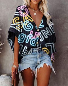 Women's Blouses & Shirts Fashion Loose V-neck Blouse Women Letter Print Batwing Sleeve All-match Top Streetwear Elegant Office Plus Size