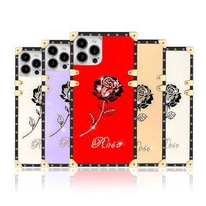 Quadratische Box Diamant Rose Blume Hüllen weiche TPU Stamm Metall Dekoration Ecke für iPhone 14 13 12 11 Pro XR XS Max X 8 Plus Samsung S23 S22 Ultra A13 A23 A53 A03S A03 Core