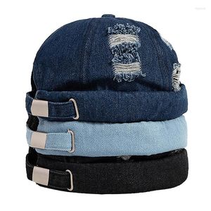 Berets Brand Denim Jeans Men Brimless Cap Rolled Cuff Retro Hat Student Boys Girls Sailor Skullcap Women Hole Caps