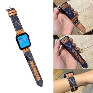 Denim Canvas Genuine Leather Watch Bands for Apple Watch Strap 38mm 40mm 41mm 42MM 44mm 45MM 49MM iWatch 3 4 5 SE 6 7 Series Band Designer Personality V Luxury